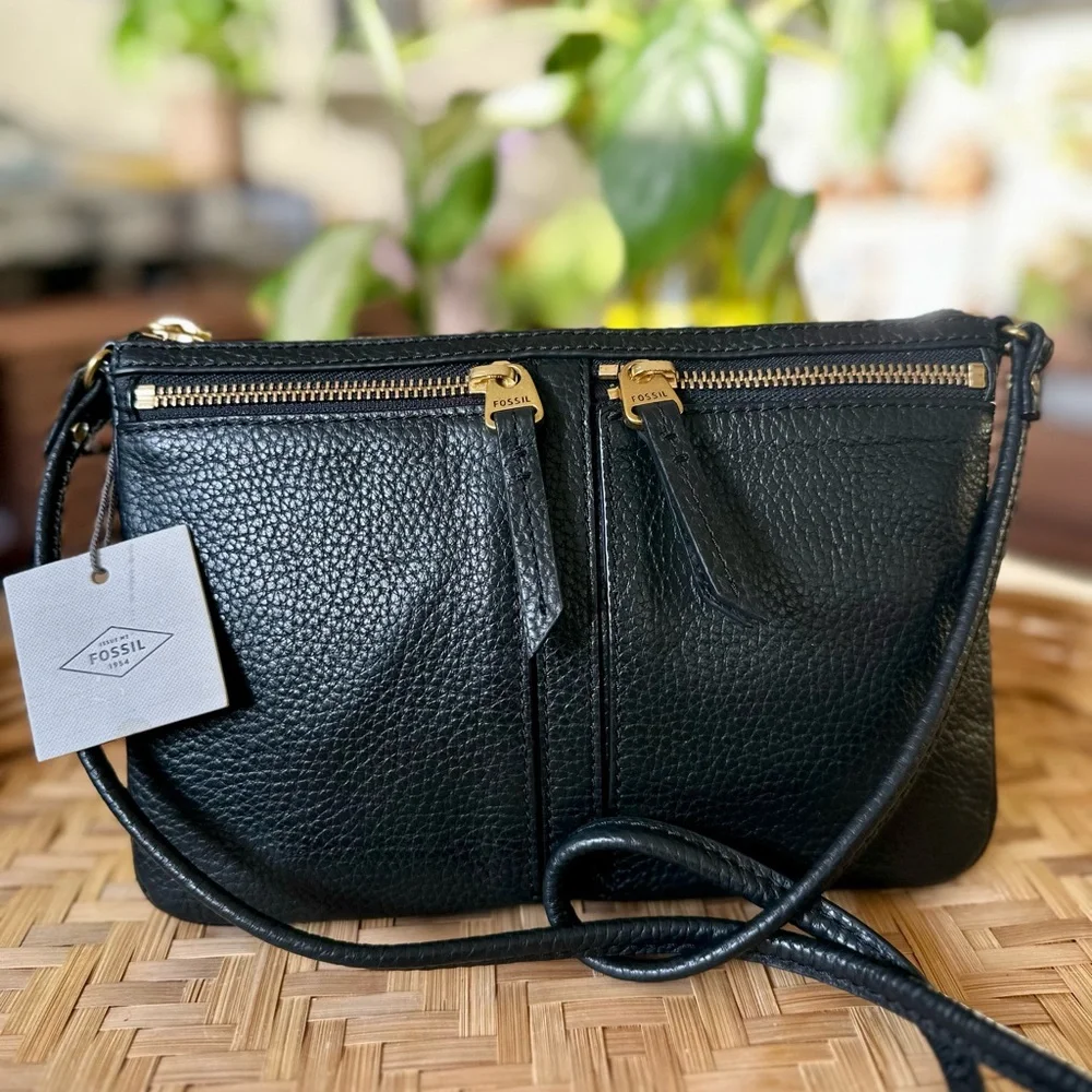 Fossil Black Pebbled Leather Crossbody Bag Double Zip Purse Adjustable Strap - Picture 4 of 10